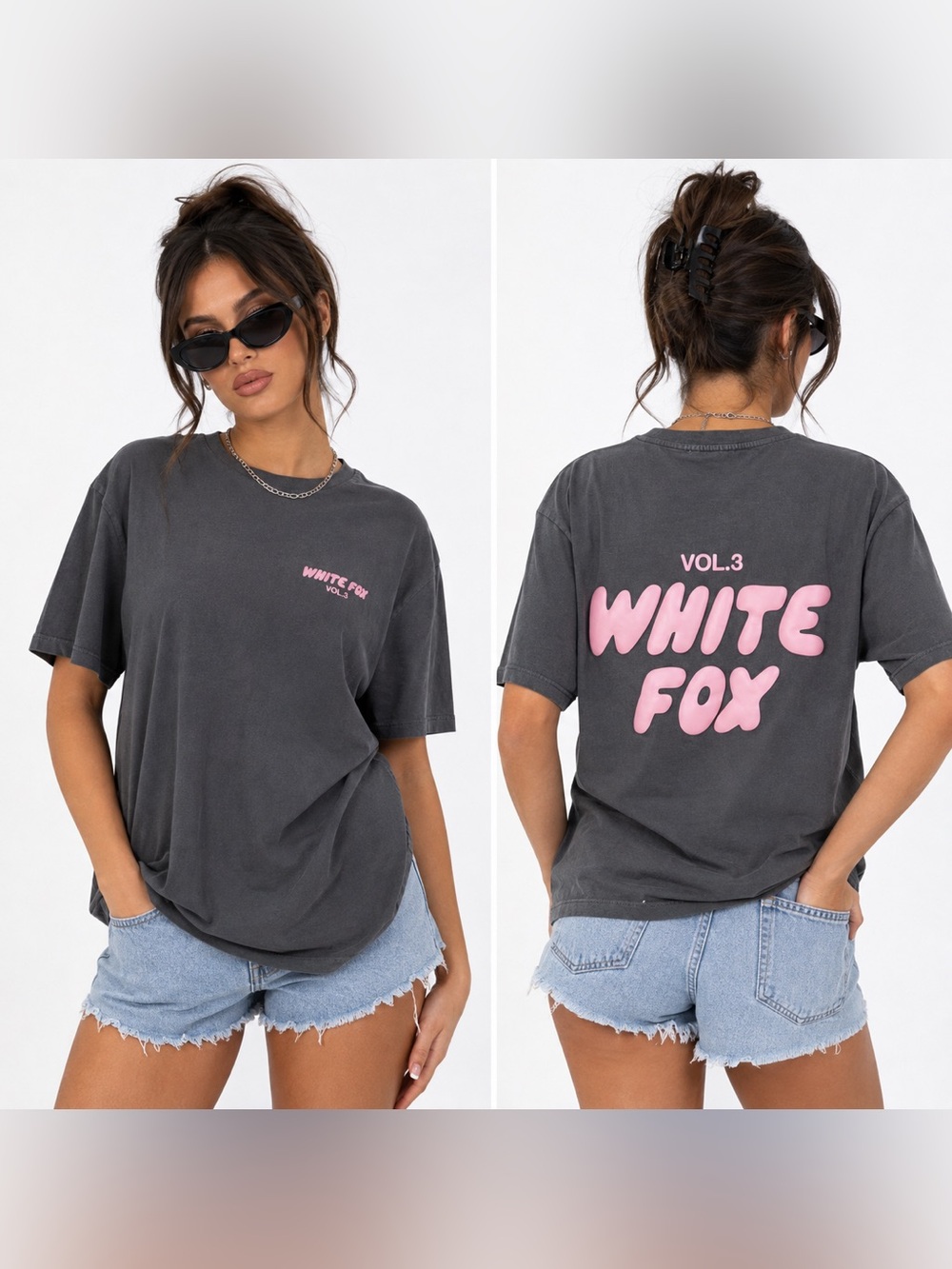 White Fox Boutique Vol 3 Oversized Small Graphic Tee Charcoal Pink Boxy T Shirt